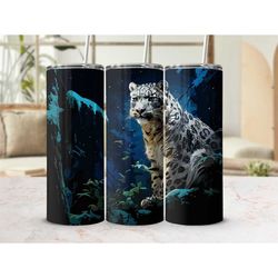 Snow Leopard Tumbler 20 oz Skinny Stainless Steel with Lid Straw Travel Cup Made to Order Gift for Him Her Guy Girl Big