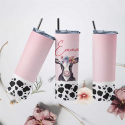 personalized cow tumbler, floral cow tumbler design, personalized gift for daughter, personalized gift for her, cow cup