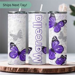 Purple Butterfly Tumbler with Lid & Straw 20oz - Personalized Tumbler For Her Gift For Butterfly Lover With Name - Cool