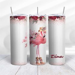 Personalised 20oz Tumbler Floral Flamingo Design with Name - Work - Home - Office - Day Trips - Cold or Hot Drinks for a