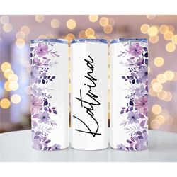 Purple flower Custom name metal tumbler cup, Personalized Skinny Tumbler, Sublimation Tumbler, Gift for Her, Bridesmaid