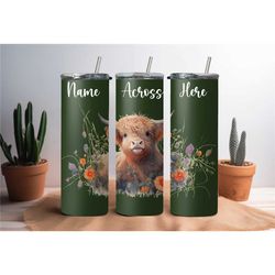 Personalised Highland Cow Tumbler, Stainless Steel Double Wall Vacuum Insulated Tumbler, 20oz Skinny Tumbler with Lid an