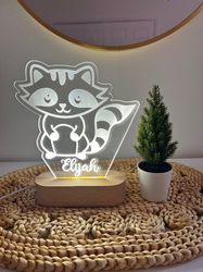 Raccoon Cartoon Custom Name Light, Personalized Bedroom LED Cloud Decor, Baby Shower Gift