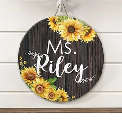Personalized Teacher Door Sign, Sunflower Floral Book Classroom Door Hanger, Teacher Gift, Classroom Decor