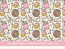 groovy christmas seamless pattern for fabric png, sublimation file  retro smiley face, disco ball, trendy t-shirt design