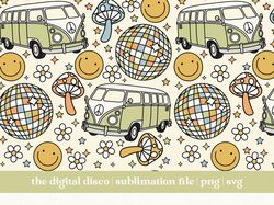 groovy road trip seamless pattern for fabric png, sublimation file  retro smiley face, disco ball, trendy t-shirt design