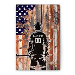 Personalized Hockey Poster & Canvas, Hockey Player Crack American Flag Wall Art, Custom Name Number Home Decor For Boy