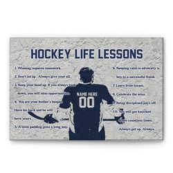 Personalized Hockey Poster & Canvas, Hockey Life Lessons Inspirational Quote Wall Art, Custom Name Number Home Decor