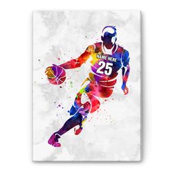 Personalized Basketball Poster & Canvas, Watercolor Basketball Player Wall Art, Custom Name Number Home Decor For Son