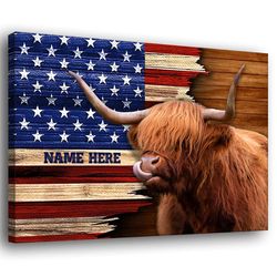 Personalized Highland Cow Poster Canvas, Inspirational - Highland Cow American Flag Patriotic Wall Art, Custom Name Home