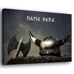 Personalized Viking Poster Canvas, Inspirational Wall Viking Helmet With Axe On Fjord Shore Norway Wall Art, Custom Name