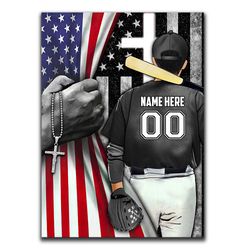 Personalized Baseball Poster & Canvas, Baseball Player US Flag Wall Art, Custom Name Number Home Decor For Son, Boy, Kid