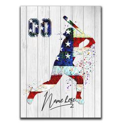 personalized baseball poster & canvas, baseball player us flag 4th of july patriotic wall art, custom name number home d