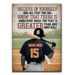 Personalized Baseball Poster & Canvas, Believe In Yourself, Motivational Quote Wall Art, Custom Name Number Home Decor F