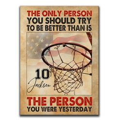 personalized basketball poster & canvas, the only person you should try to be better wall art, custom name number home d