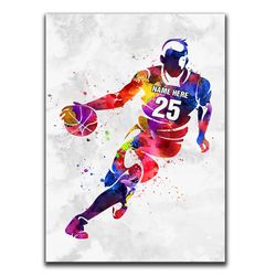 Personalized Basketball Poster & Canvas, Watercolor Basketball Player Wall Art, Custom Name Number Home Decor For Son, B