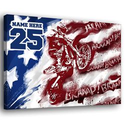 Personalized Dirt Bike Poster & Canvas, Motocross Rider US Flag Wall Art, Custom Name Number Home Decor For Boyfriend, H
