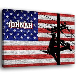Personalized Lineman Poster Canvas, American USA Flag Lineman Powerline Technician Wall Art, Custom Name Home Decor For