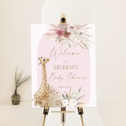 personalized giraffe boho girl baby shower welcome sign, boho baby shower, pampas grass sign, reception sign, baby showe