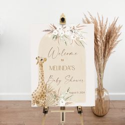 Personalized Giraffe Boho Girl Baby Shower Welcome Sign, Boho Baby Shower, Pampas Grass Sign, Reception Sign, Baby Showe