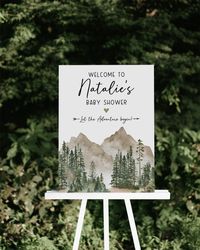 let the adventure begin baby shower welcome sign, adventure baby shower sign, woodland baby shower decorations, forest m