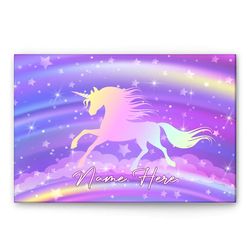 Personalized Unicorn Poster & Canvas, Rainbow Purple Sky Sparkling Unicorn Wall Art, Custom Name Home Decor For Daughter
