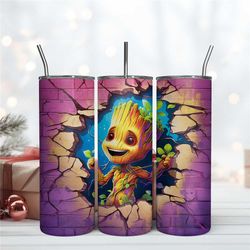 Funny Groot 3D Crack Wall Tumbler Design, Baby Groot Tumbler Wrap Sublimation
