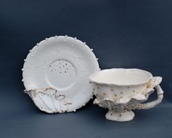 Mushroom Tea Cup and Saucer, Alice in Wonderland, Surprise Mug, Cup Figurine, Handmade Tea Set, Mushroom Sculpture,
