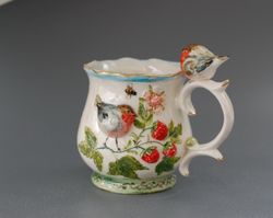 birds and berries art mug raspberry cup love birds figurine colorful sculpture mug beautiful scenic handmade cup