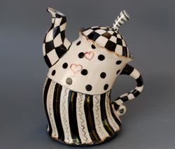 Art teapot Black and white cage Dancing teapot Wonderland style Porcelain handmade teapot Tea party Whimsical sculpture