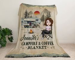 My Campfire And Coffee Blanket Personalized Blanket, Custom Camping Fleece Blanket, Gifts for Wife From Husband