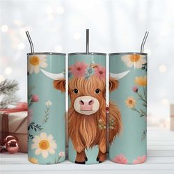 Baby Highland Cow with Flower Tumbler Wrap, 20oz Skinny Tumbler Sublimation Design