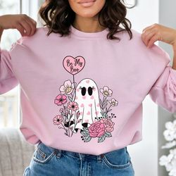 Be My Boo Floral Ghost Valentines Day Sweatshirt, Retro Ghost Valentine Hoodie, Spooky Valentine Shirt, Cute Love Tee, V
