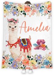 Personalized Llama Blanket, Floral Alpaca Llama Face Sherpa Throw Blanket, Personalized Blanket, Baby Blanket, Custom Ba