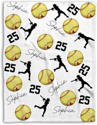 Personalized Softball Blanket, Custom Name Number Soft Cozy Sherpa Fleece Throw Blankets, Softball Blanket for Mom, Wife