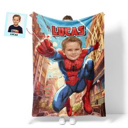 Personalized Superhero Spider Boy Blanket  Custom Face & Name