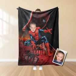 Personalized Spider Boy Photo Blanket, Custom Face & Name