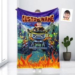 Personalized Monster Truck Blanket  Custom Face & Name Vehicle
