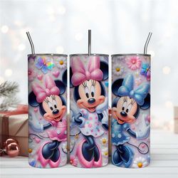 3D Minnie Character Flowers 20 oz Skinny Tumbler Sublimation Design, 3D Floral 20oz Tumbler Png,