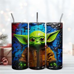 3D Baby Yoda Crawling Out Hole Tumbler, Baby Yoda Design Wrap Tumbler, Tumbler Wrap Design 3D