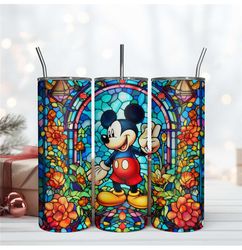 Flowers With Mickey Mouse Stained Glass Tumbler 20oz Digital Download File Png