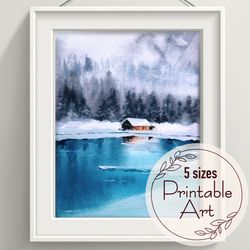watercolour painting - landscape with a house on the lake - printable art - 5 different sizes - instant download