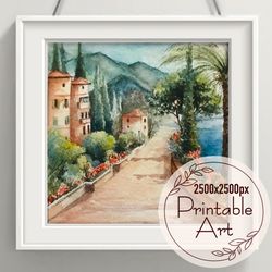 watercolour painting landscape - a city on the sea, cypresses - printable square art - instant download
