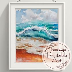 watercolour painting landscape - sea waves and beach - printable art - instant download