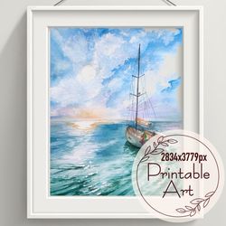 watercolour painting landscape - a ship in the sea - printable art - instant download
