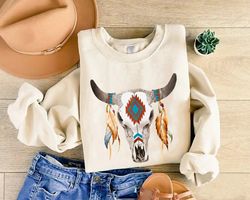 Cow Skull Sweatshirt, Western American Cow Skull Sweatshirt, Western Aztec Bull Skull Sweatshirt, Western Gift, Cowgirl