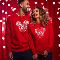 Mickey and Minnie Ears With Heart Sweatshirt For Valentines Day, Disneyworld Valentines Travel Shirts, Valentines Day Di