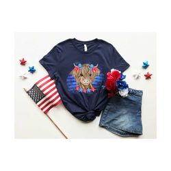 Patriotic Cow Shirt, 4th Of July TShirt, Independence Day Shirt, America Flag, Highland Cow Tee, Cow Bandana USA Tees, A