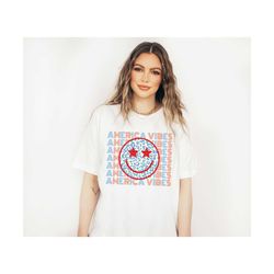 America Vibes Shirt, USA Shirt, Retro Leopard Happy Face Red White Blue 4th of July Shirt,Fourth of July America Women's