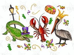Mardi Gras alligator pelican crawfish sublimation design download, Mardi Gras png, Louisiana png,Fleur de Lis Png,sublim